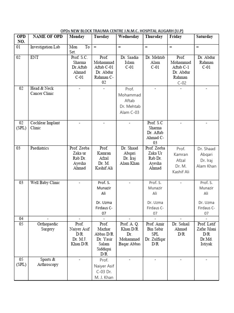 JNMC OPD Schedule 2025 Overview | PDF | Neurosurgery | Medical Specialties