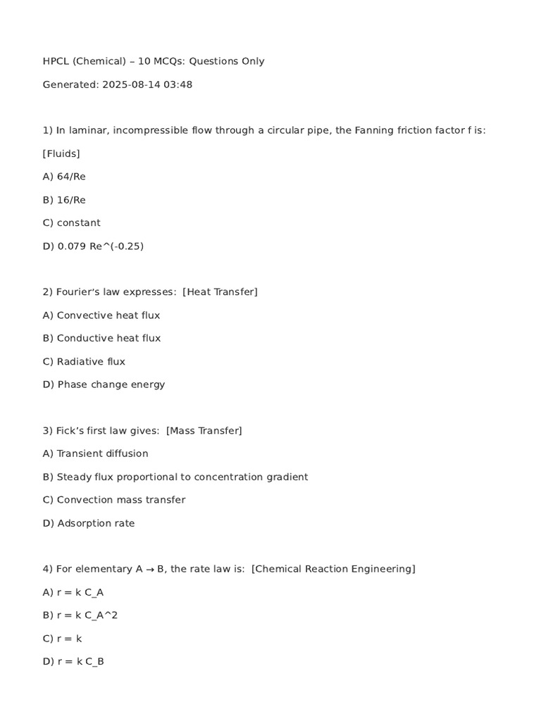 HPCL Chemical Engineering MCQs | PDF