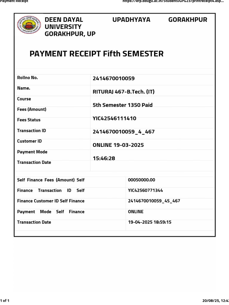 Gorakhpur University Payment Receipt | PDF