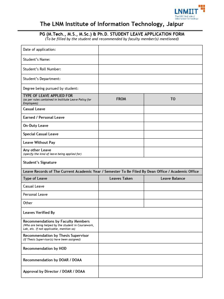 PG Leave Application Form for Students | PDF