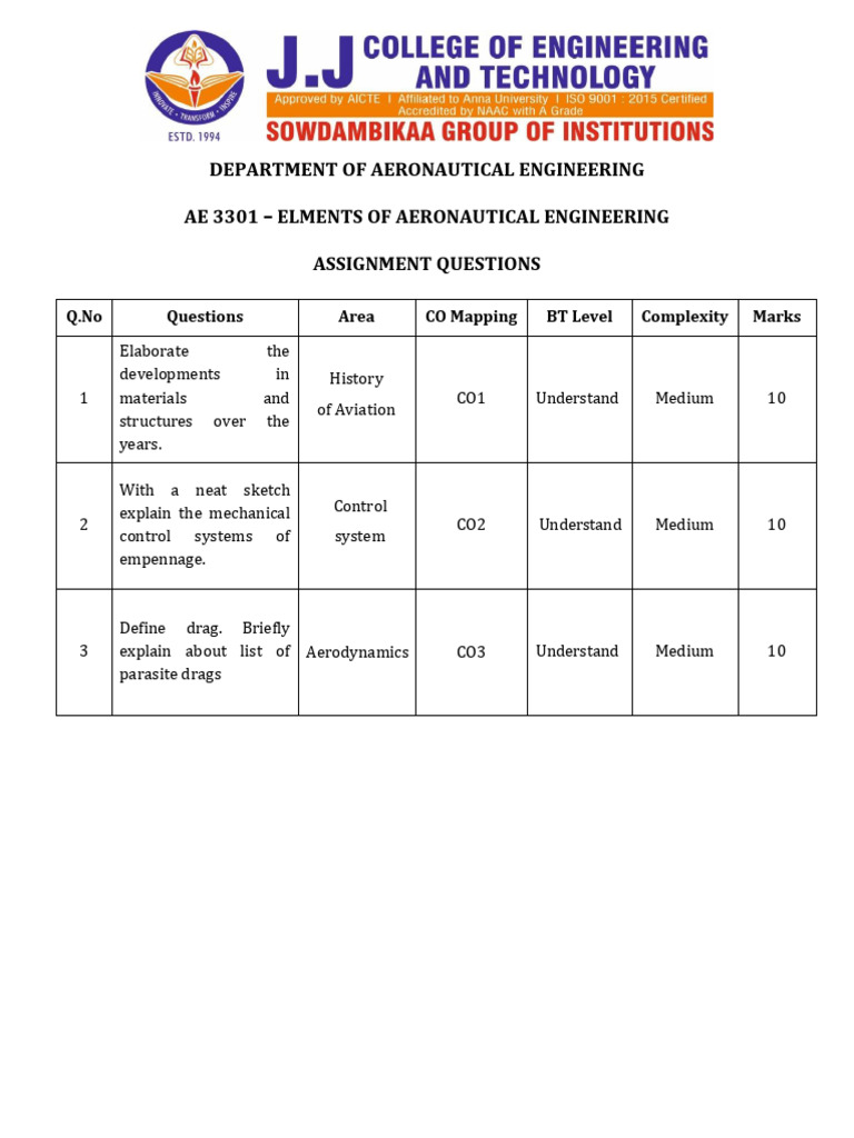 Aeronautical Engineering Assignment Questions | PDF