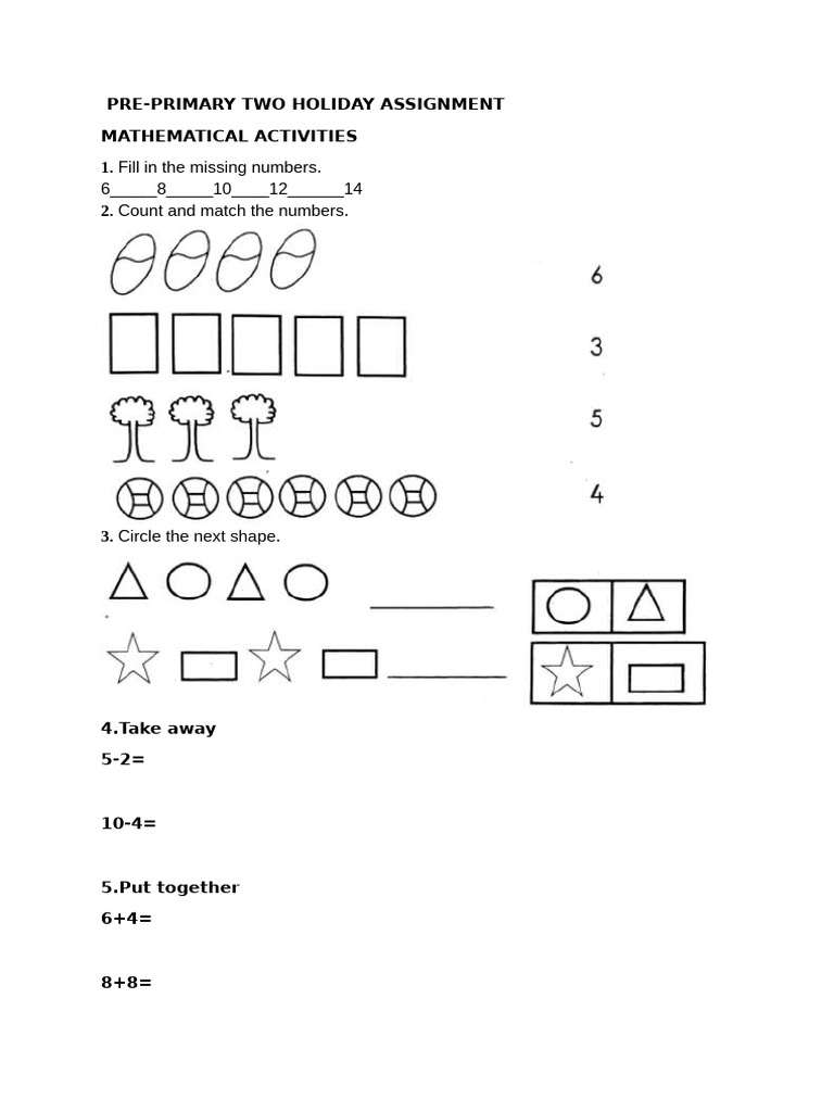 Pre-Primary Holiday Assignment Activities | PDF