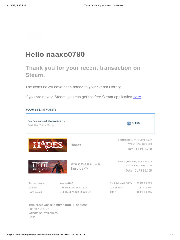 Steam Purchase Receipt Confirmation | PDF | Payments | Business
