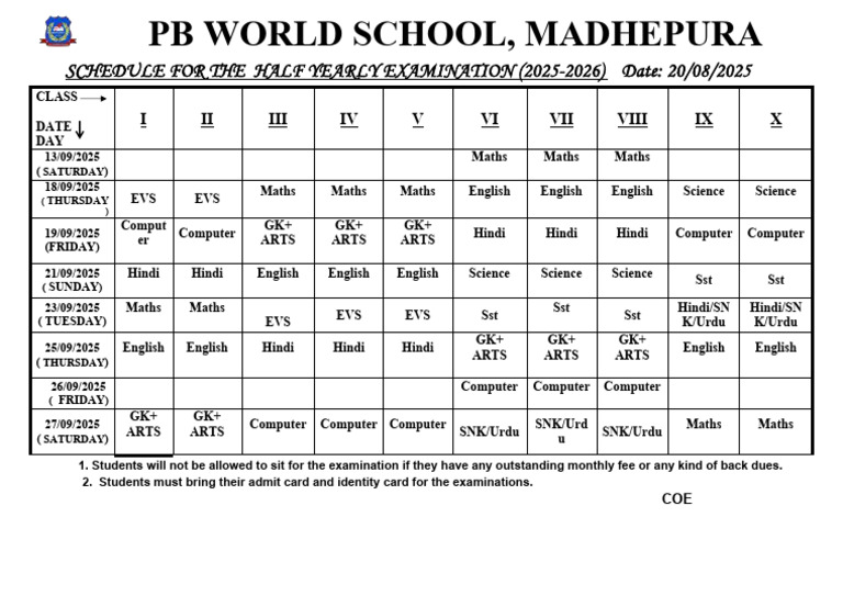 Half Yearly Exam Schedule 2025-26 | PDF