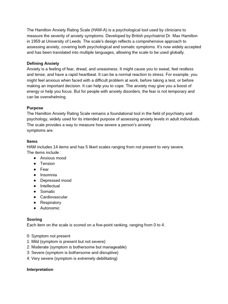 Hamilton Anxiety Rating Scale Overview | PDF | Anxiety | Emotions