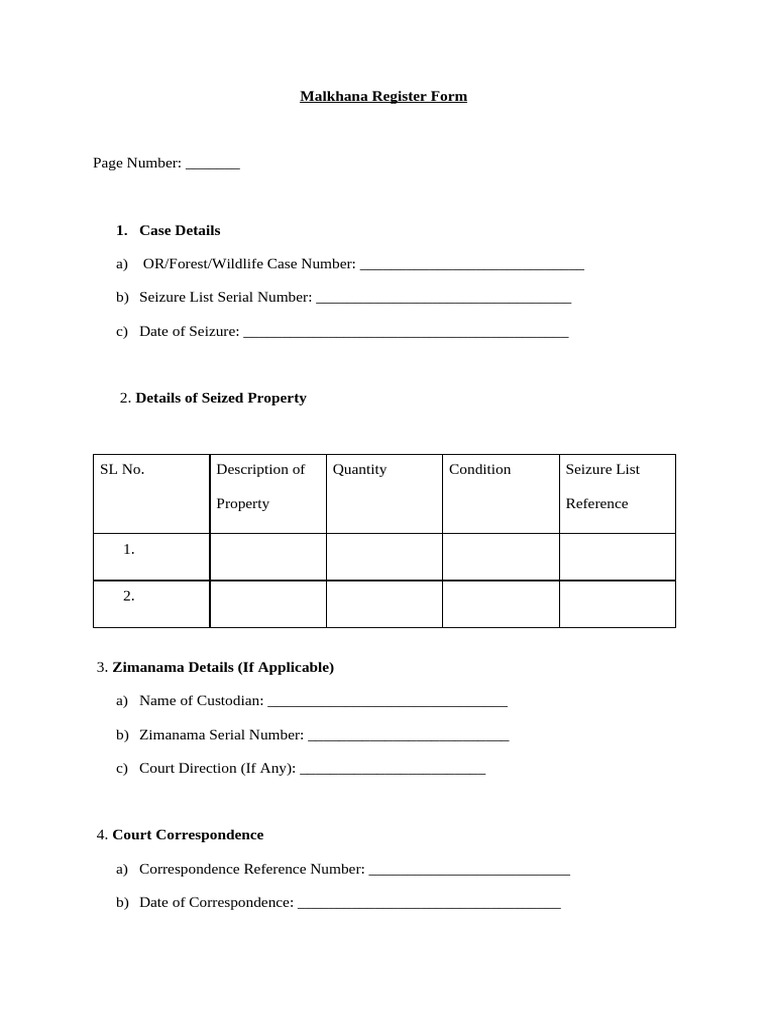 Malkhana Register Documentation Form | PDF