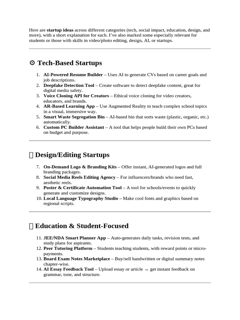 Innovative Startup Ideas Across Categories | PDF | Computing