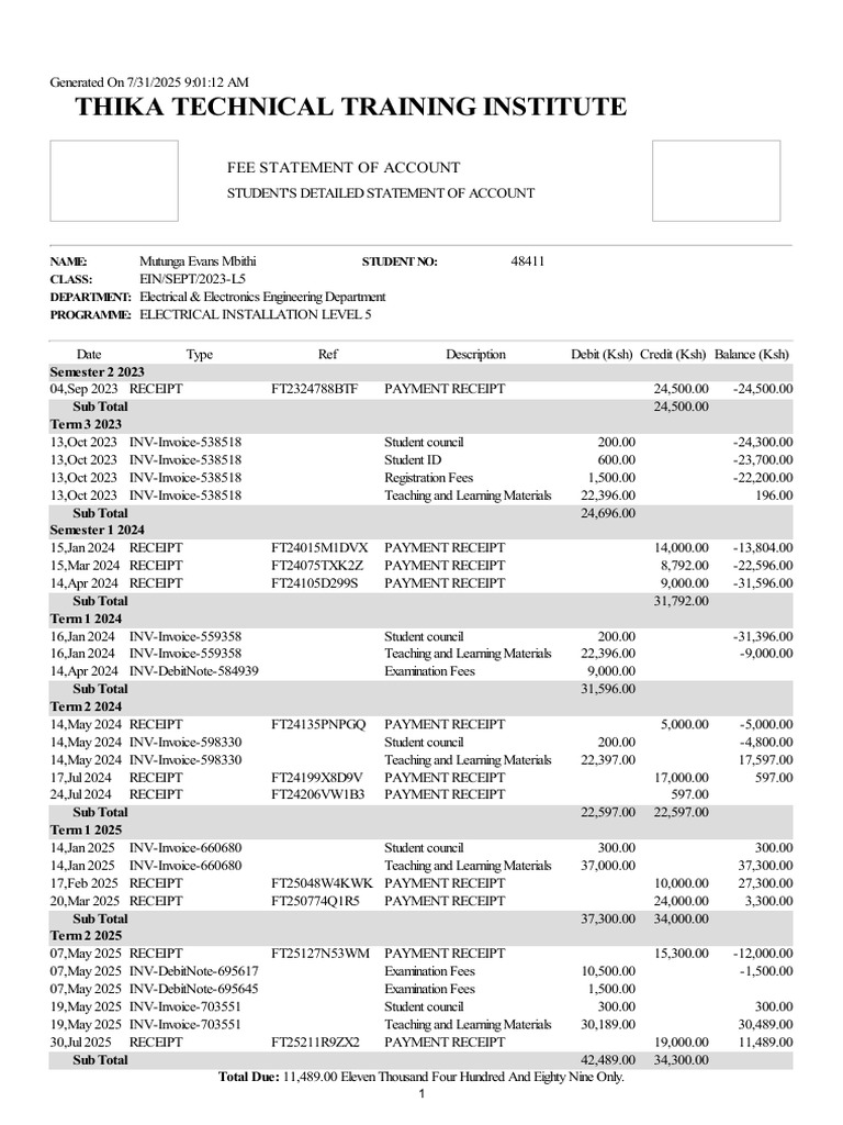 Student Fee Statement of Account | PDF | Payments | Services (Economics)