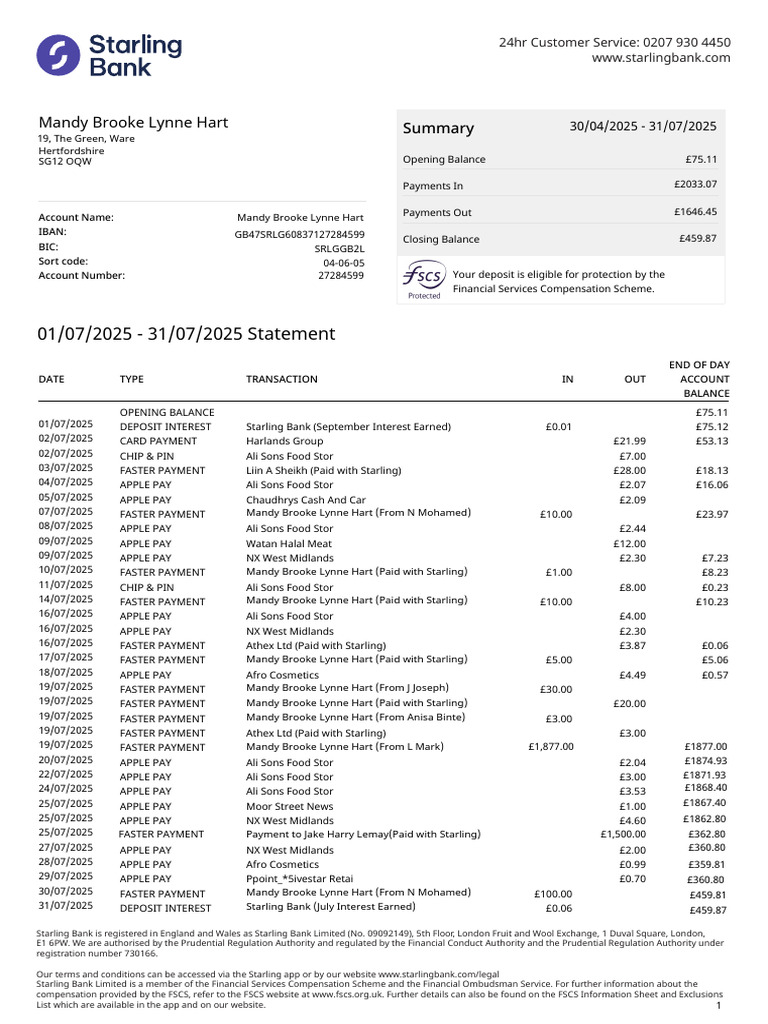Starling Bank Statement Example | PDF | Financial Technology | Finance ...