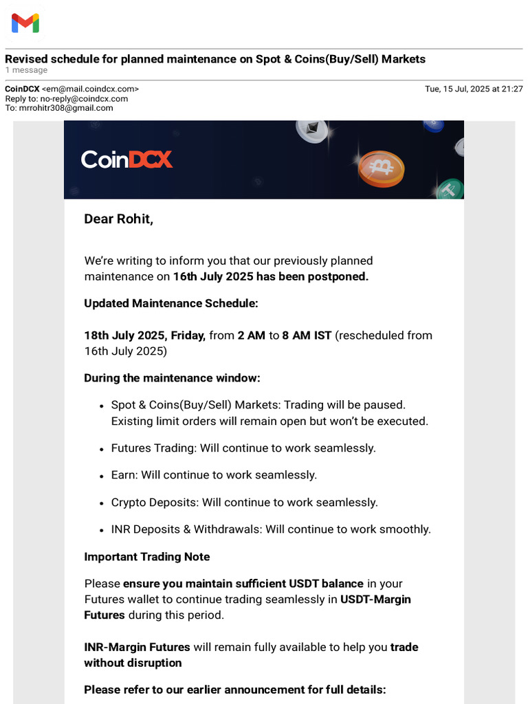 Gmail - Revised Schedule For Planned Maintenance On Spot & Coins (Buy -  Sell) Markets | PDF | Money | Applications Of Cryptography