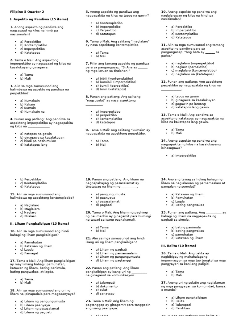 Filipino 5 Quarter 2 With Answer Key | PDF