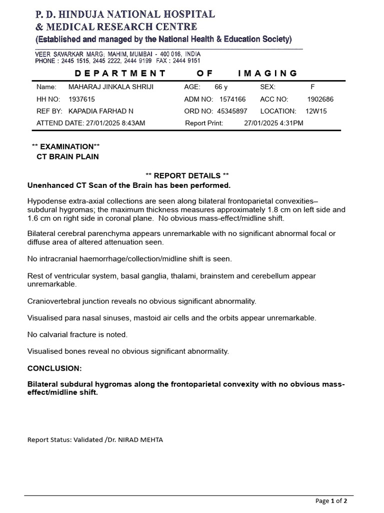 CT Brain Report: Bilateral Subdural Hygromas | PDF | Nervous System ...