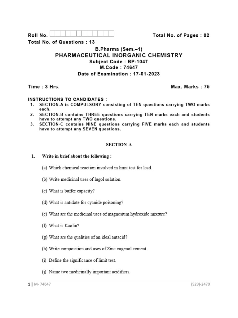 B.Pharma Exam: Pharmaceutical Inorganic Chemistry | PDF | Chemical ...