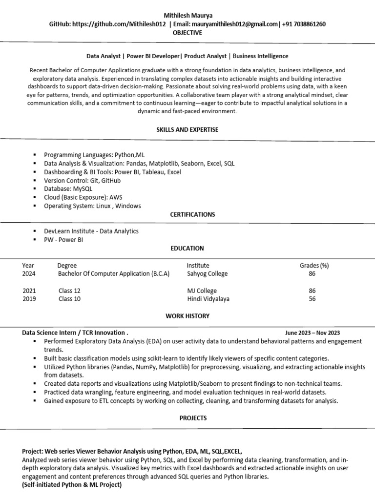 Mithilesh Maurya: Data Analyst Profile | PDF | Data Analysis | Data