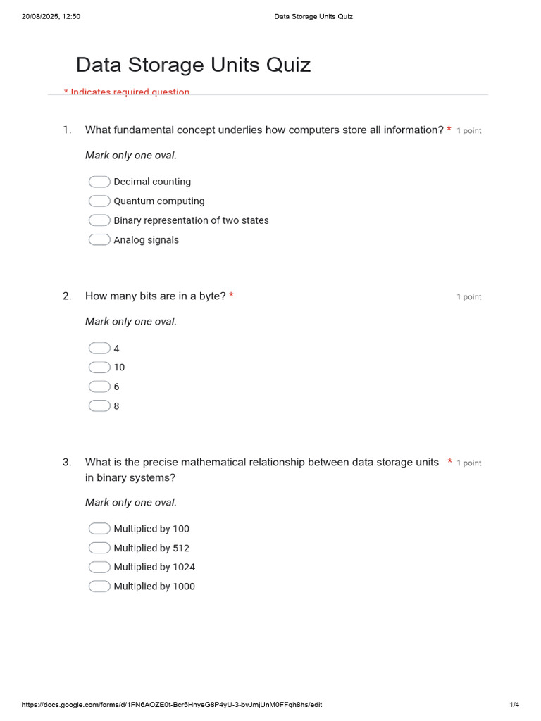 Data Storage Units Quiz | PDF | Byte | Bit