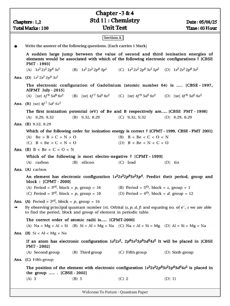 Std 11 Chemistry Unit Test Paper | PDF