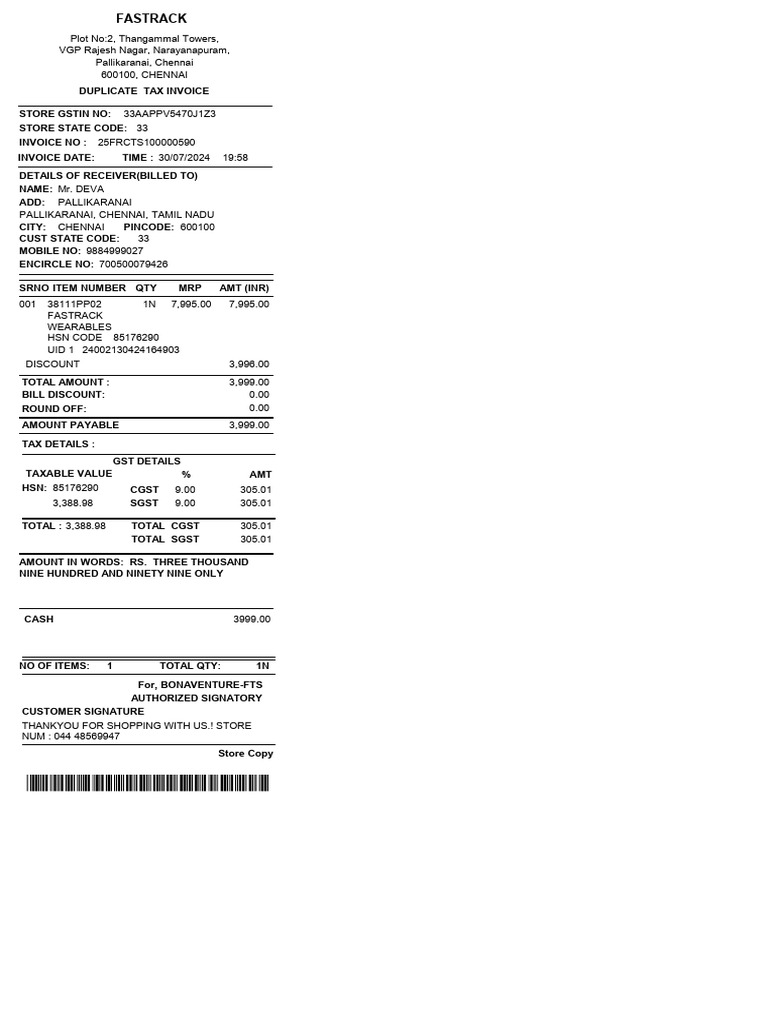 Chennai Tax Invoice for Fasttrack Wearables | PDF