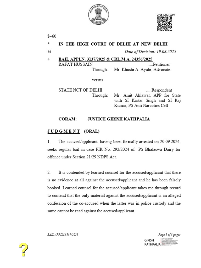 Delhi High Court Bail Decision 2025 | PDF | Bail | Public Law