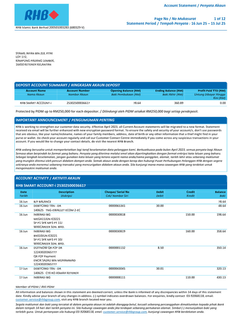 RHB Account Statement Summary | PDF | Debit Card | Credit Card