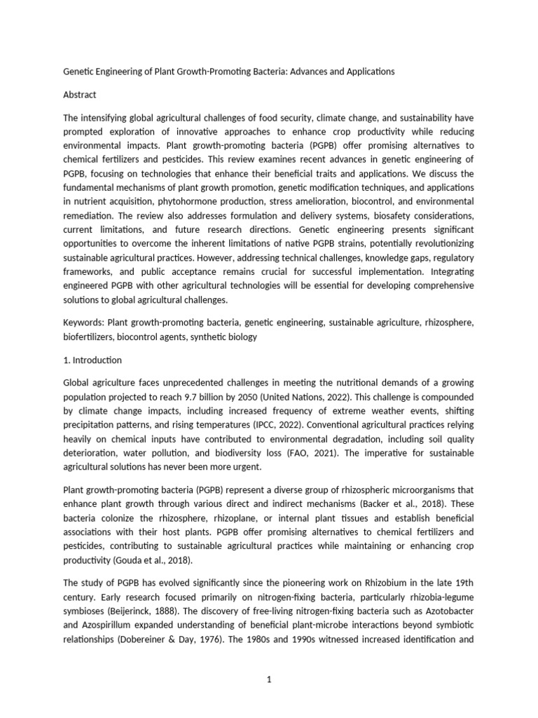 Genetic Engineering of Plant Growth Bacteria | PDF | Regulation Of Gene ...