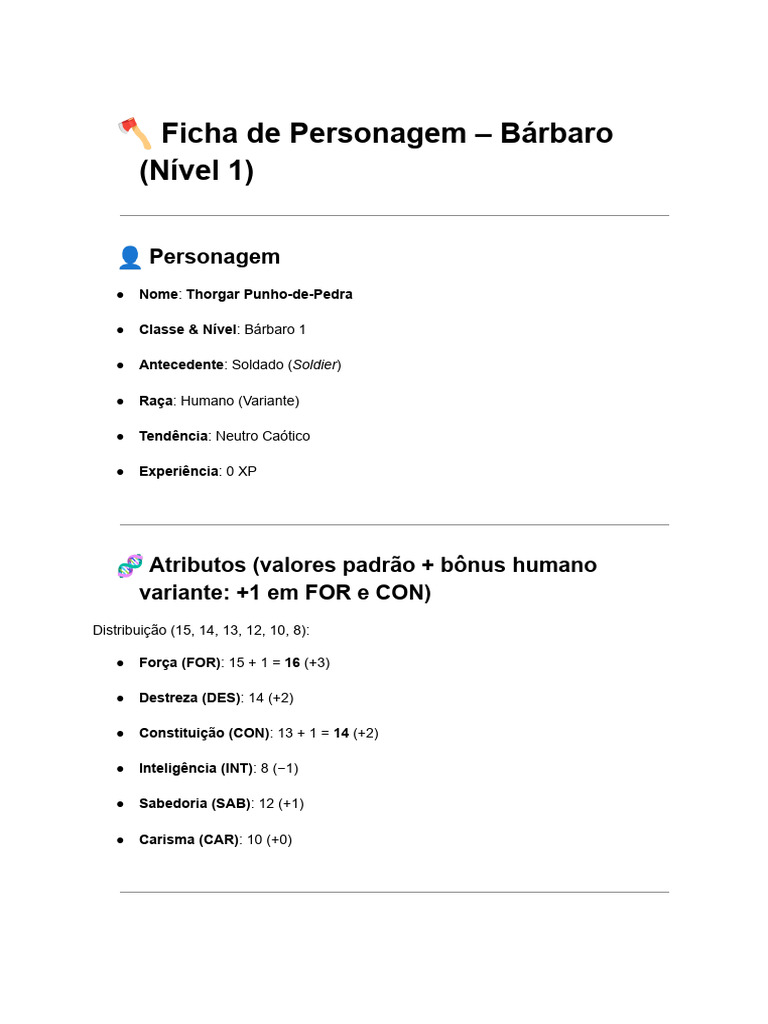 Thorgar Punho-de-Pedra: Bárbaro Nível 1 | PDF