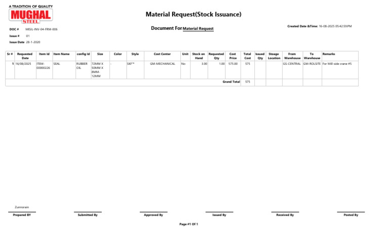 MS MaterialRequestSIReport - Precisiondesign1 | PDF | Logistics | Inventory