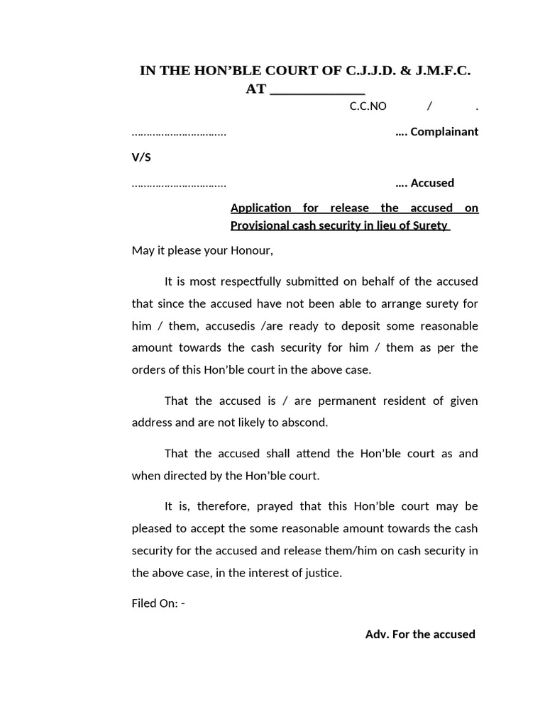 Cash Surety Application for Accused Release | PDF