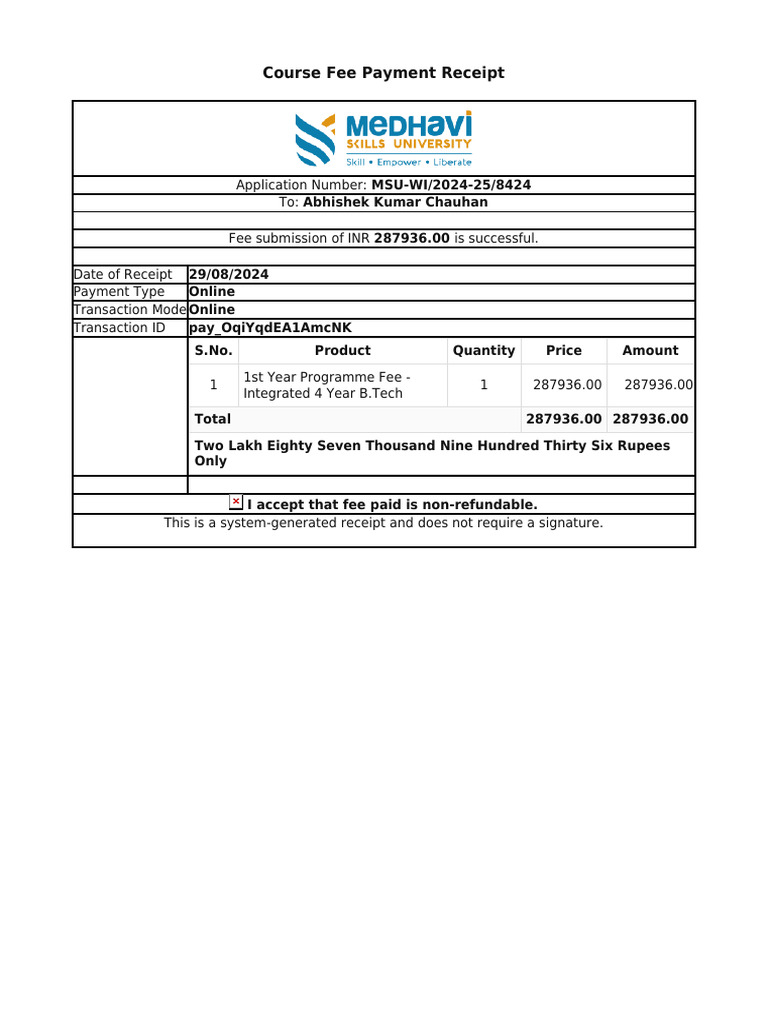 B.Tech Course Fee Payment Receipt | PDF