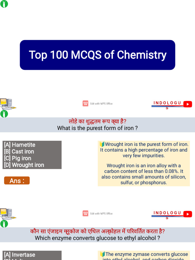 Top 100 Chemistry MCQs for Students | PDF | Zinc | Chlorine