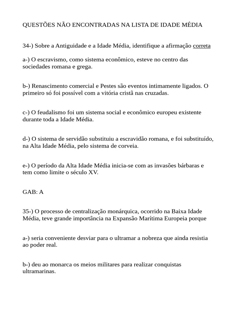 Questões sobre Idade Média e Antiguidade | PDF