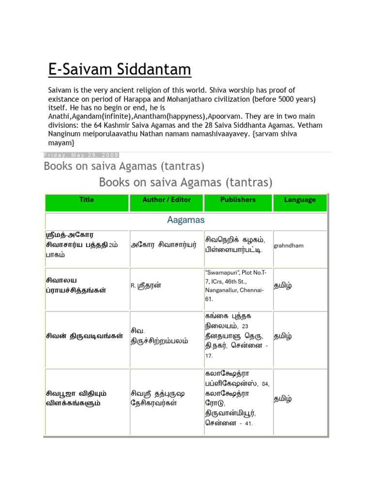 E-Saivam Siddantam: Books On Saiva Agamas (Tantras) | PDF