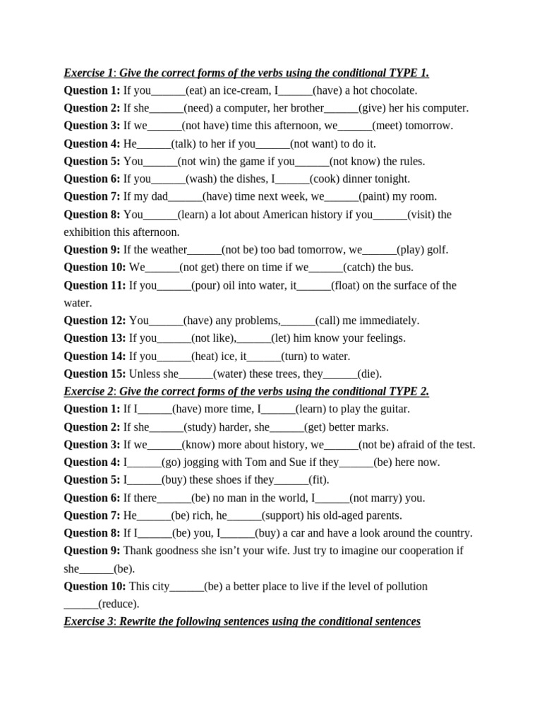 Exercise 1 Give The Correct Forms of The Verbs Using The Conditional ...