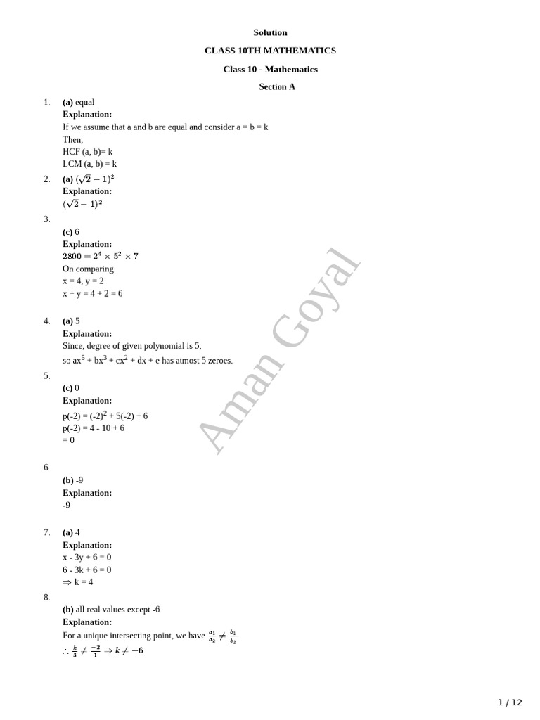 Class 10 Mathematics Solutions Guide | PDF | Elementary Mathematics ...