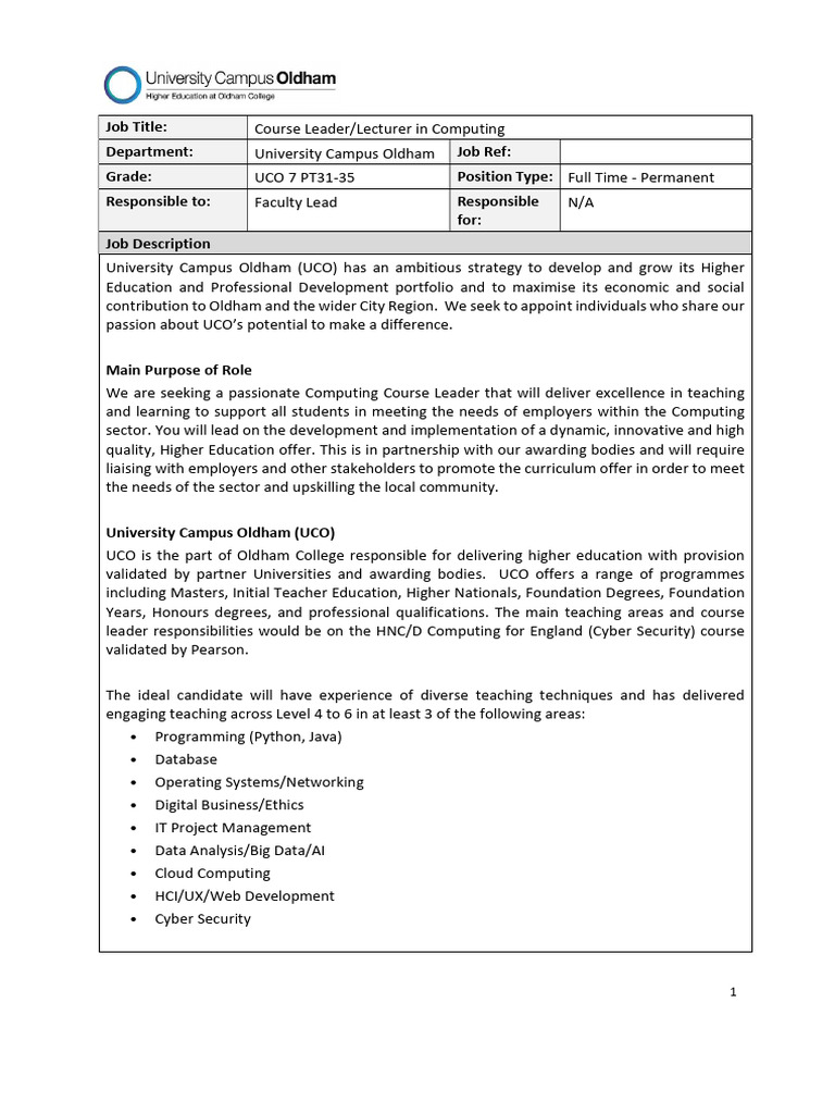 Computing Course Leader Job at UCO | PDF | Curriculum | Learning