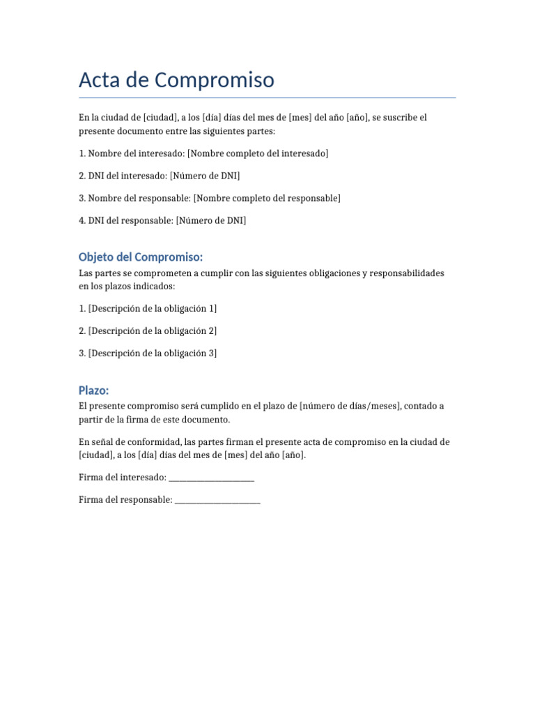 Acta de Compromiso Simple en Word | PDF