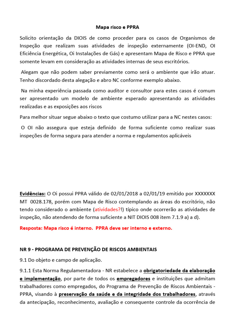 Mapa de Risco e PPRA em Inspeções Externas | PDF