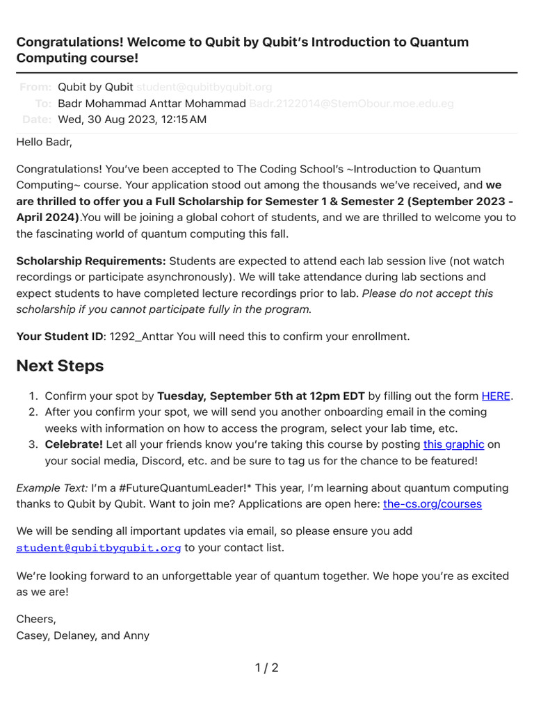 Qubit by Qubit Quantum Computing Course Acceptance | PDF
