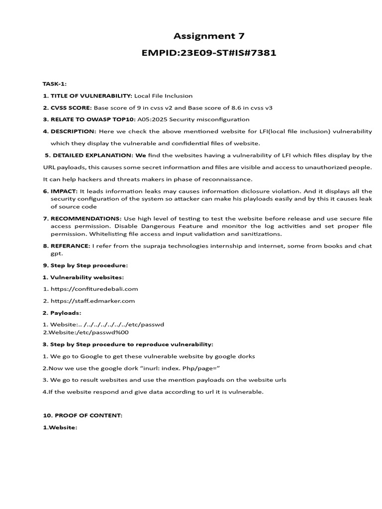 Vulnerability Assessment Report: LFI, HTML Injection, File Upload | PDF ...
