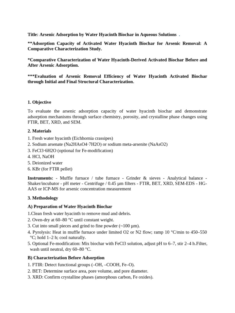 Arsenic Removal Using Water Hyacinth Biochar | PDF | Adsorption | Arsenic