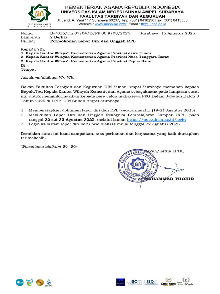 Lapor Diri dan RPL PPG UINSA 2025 | PDF
