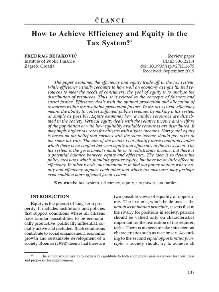 Balancing Efficiency and Equity in Taxation | PDF | Equity (Economics ...