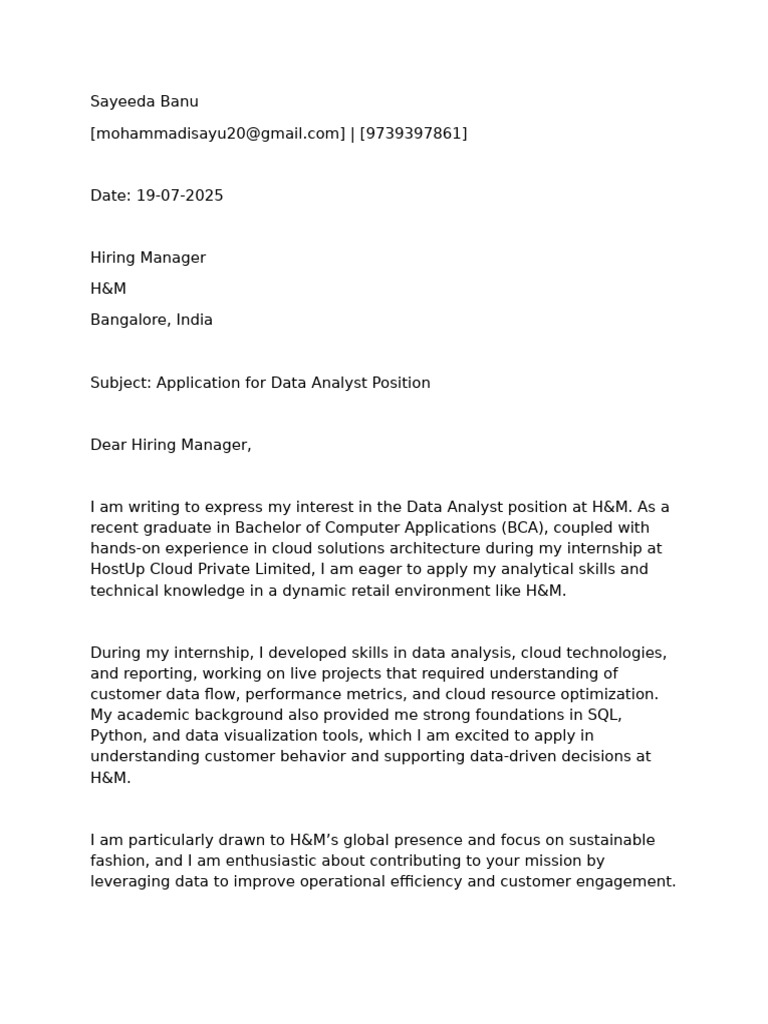 Data Analyst Application - Sayeeda Banu | PDF