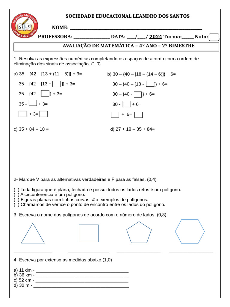 Avaliação de Matemática 2º Bimestre 4º Ano | PDF | Polígono | Metro