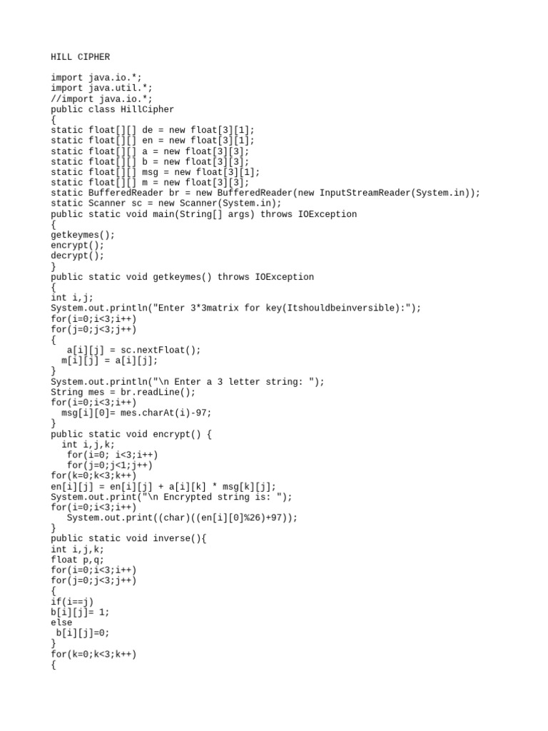 Java Hill Cipher Implementation | PDF