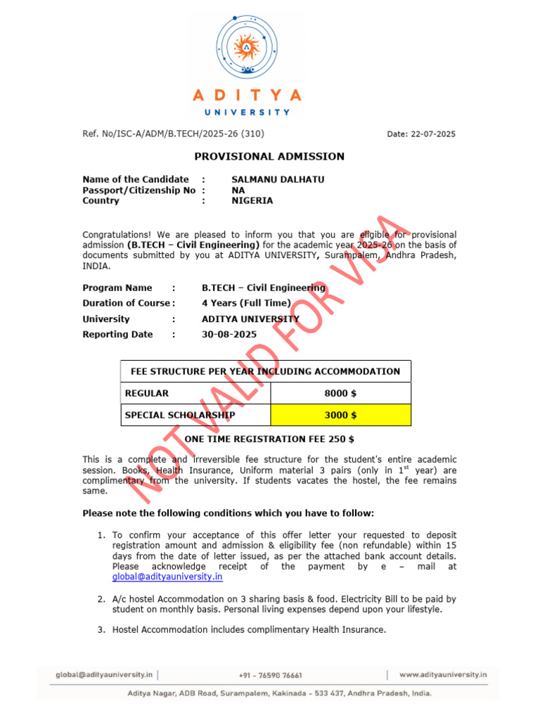 Provisional Admission for B.TECH Civil Engineering | PDF