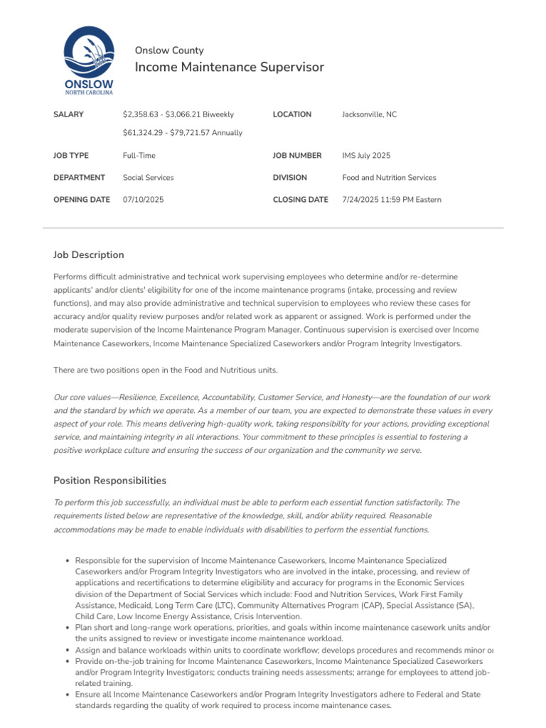 Income Maintenance Supervisor | PDF | Integrity | Business
