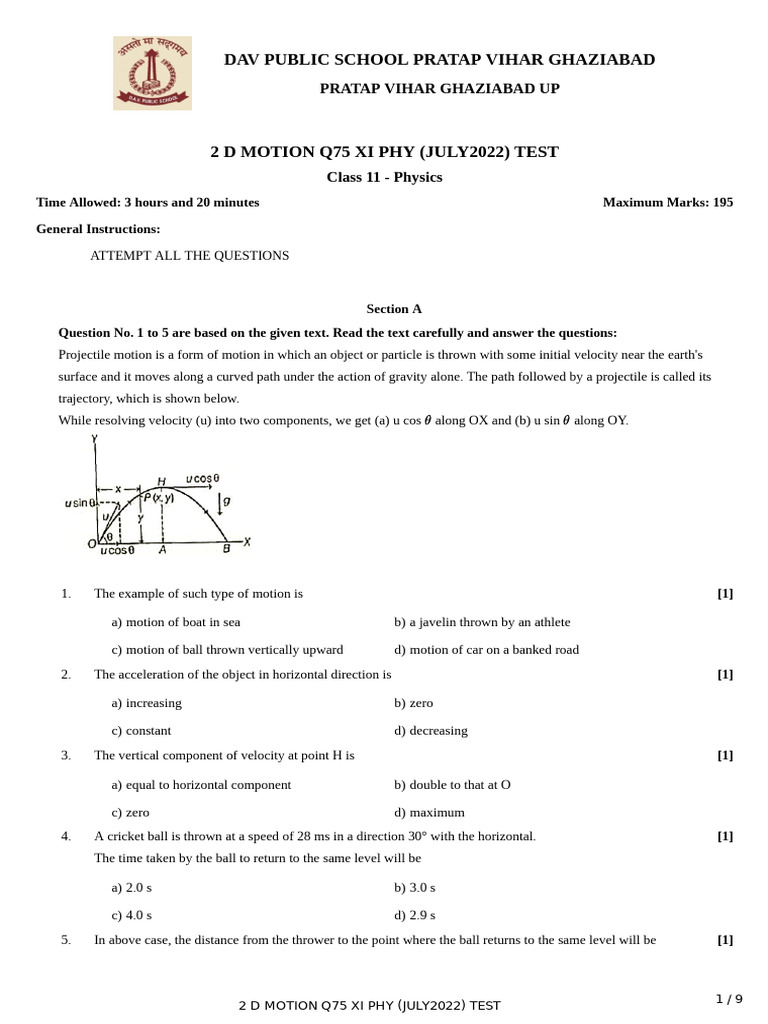 Class 11 Physics 2D Motion Test 2022 | PDF | Acceleration | Velocity