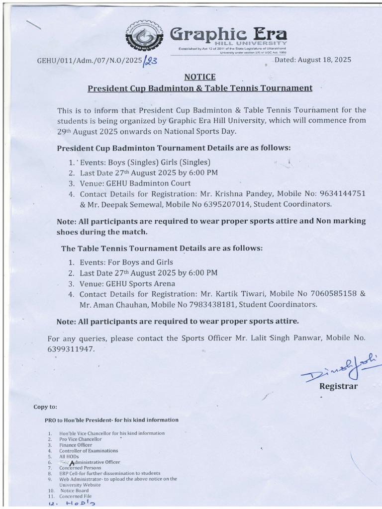 Notice 23 Regarding President Cup Badminton and Table Tennis Tournament ...