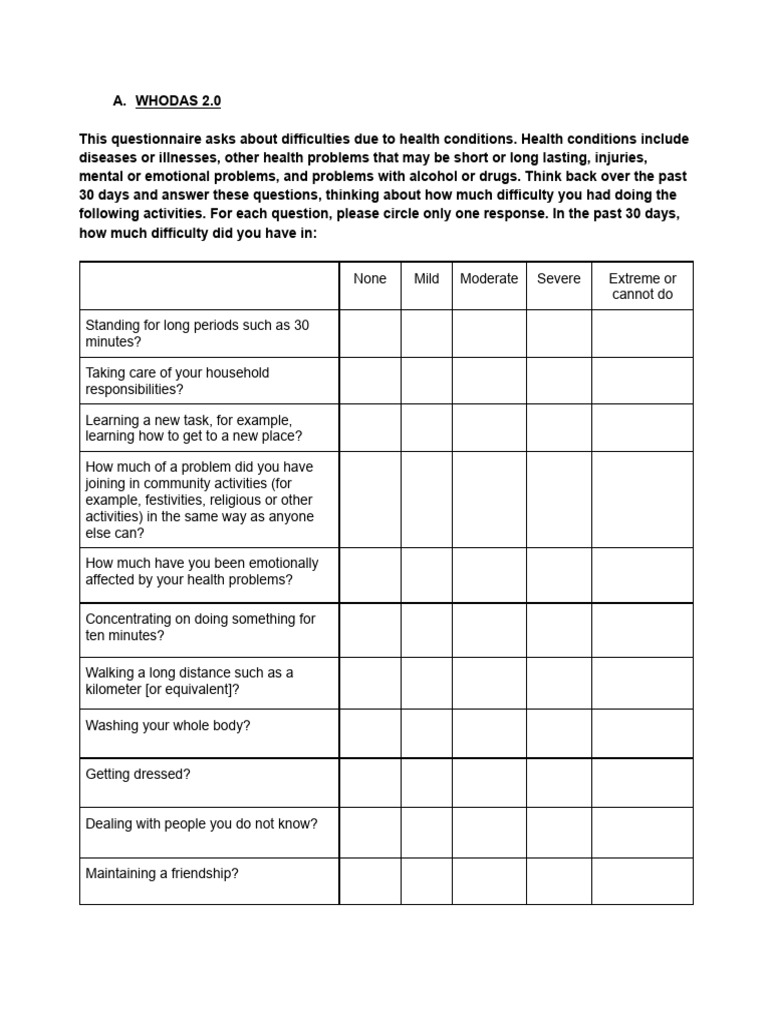 WHODAS 2.0 Health Assessment Questionnaire | PDF