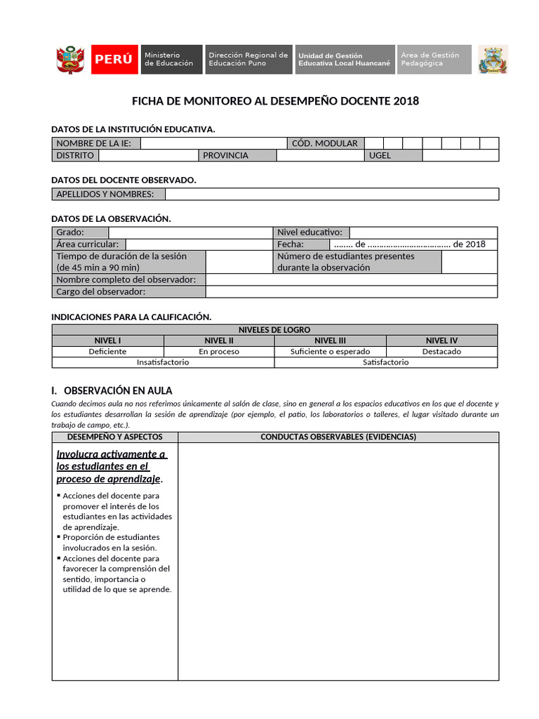 Ficha de Monitoreo Al Desempeño Docente | PDF | Salón de clases | Maestros